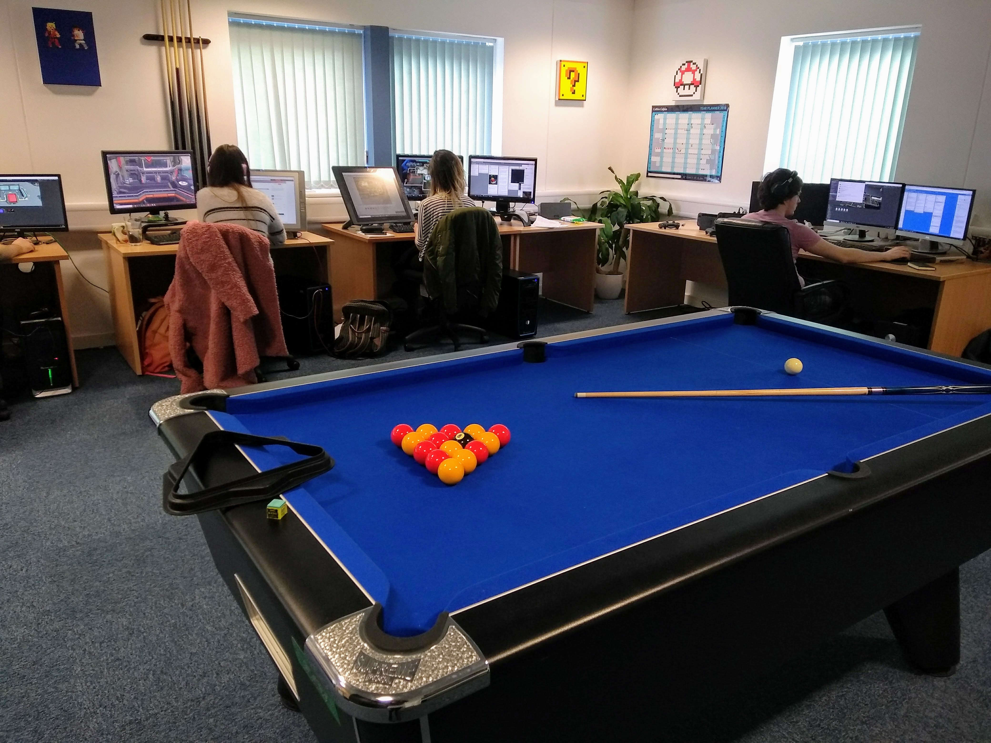 Our pool table, used for many a lunchtime game, with our Catastronauts team busy in the background!