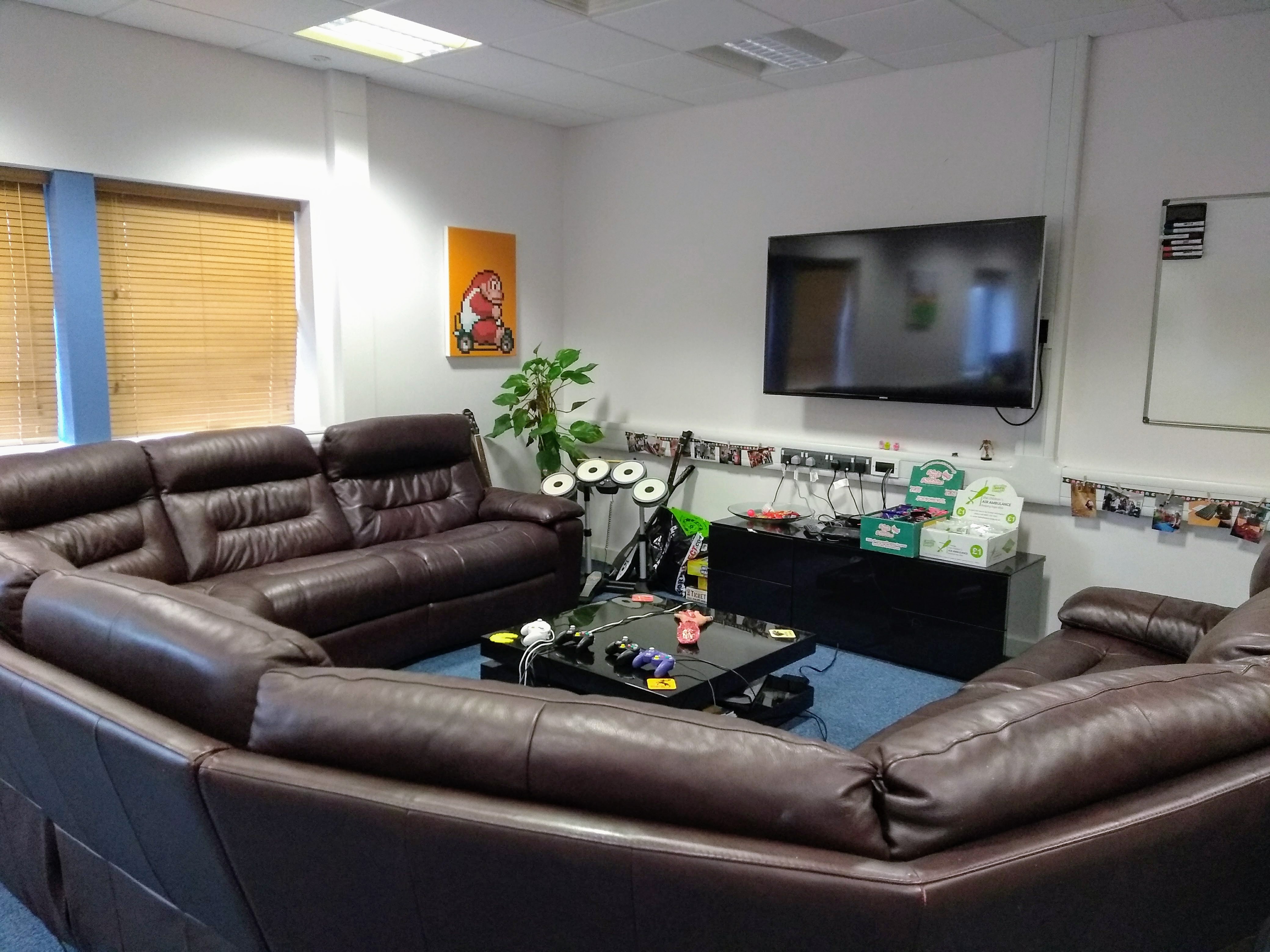 Here's where we enjoy our social nights, as well as some lunchtime Super Smash Bros.