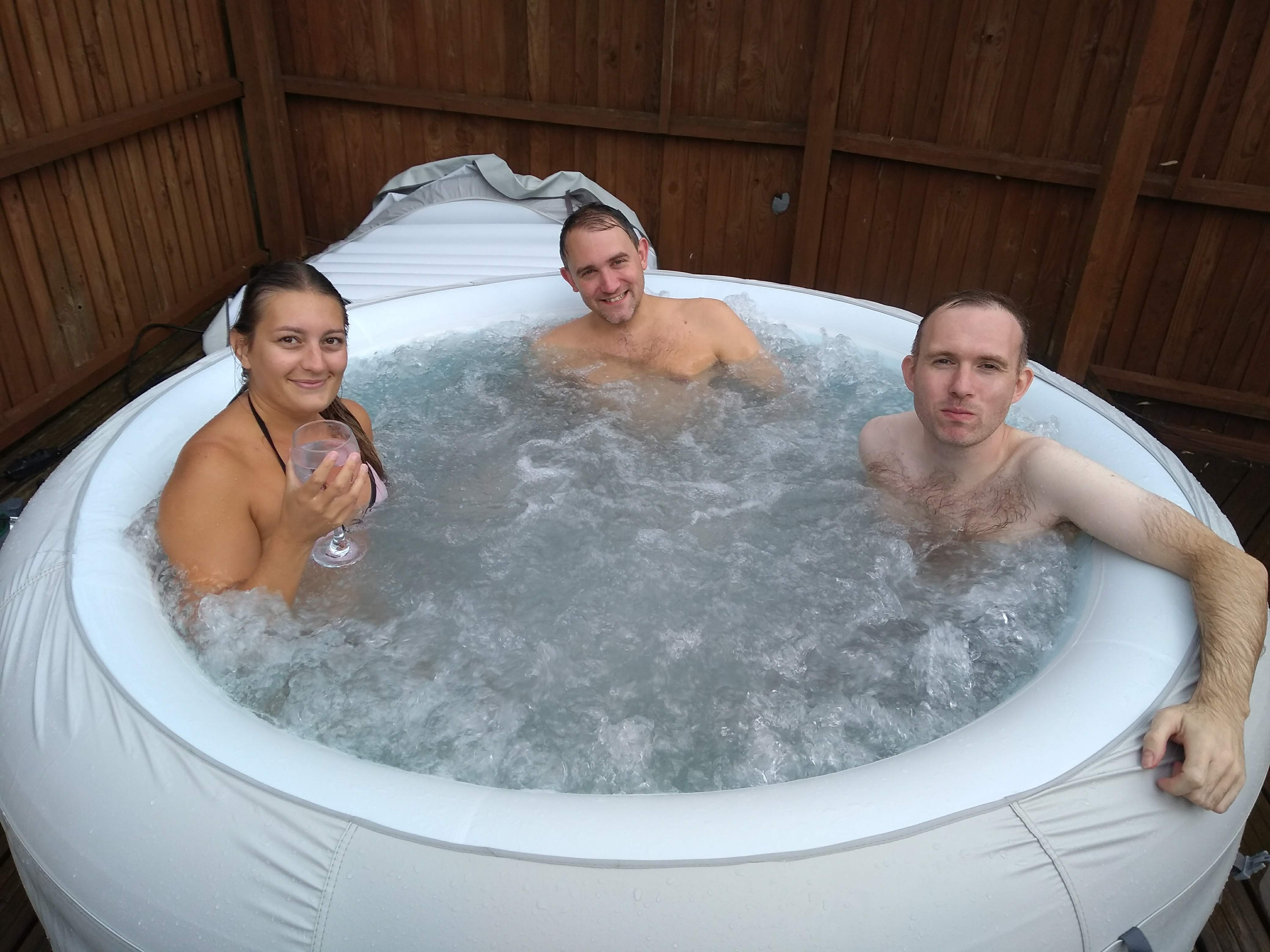 Lauren, Graeme and Greg fully in the hot tub