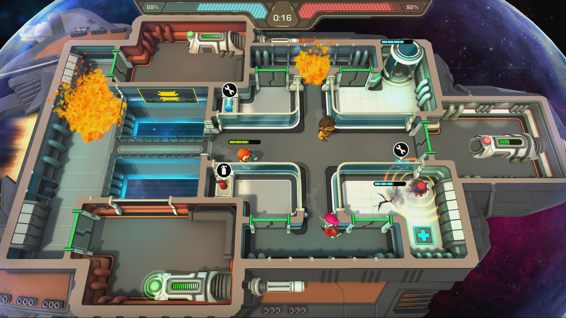 Screenshot of a level in the game, with bombs, cracks and fire