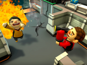 Close up shot of player putting out their fellow Catastronaut, who is on fire