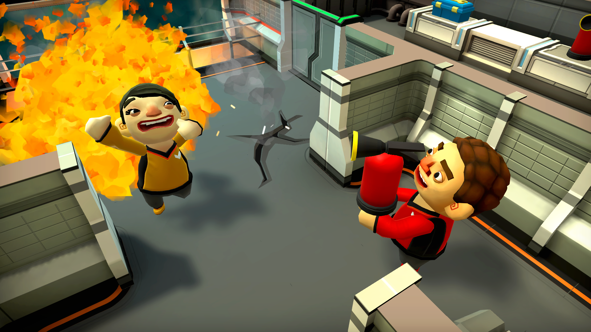 Close up shot of player putting out their fellow Catastronaut, who is on fire