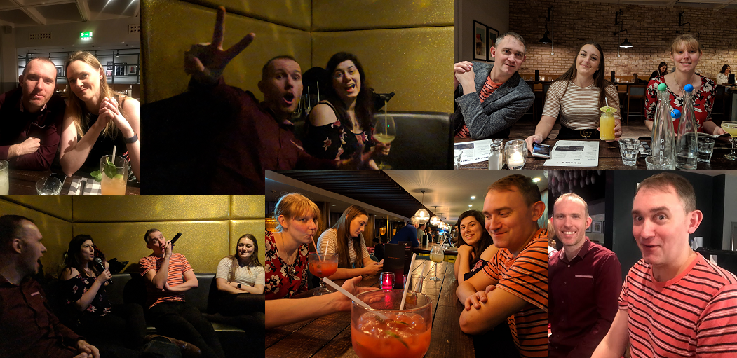 Collage: 1 Lucy and Greg smiling at a table with cocktails, 2 Greg making a peace sign in gold room as Laura smiles with a cocktail, 3 Graeme, Lauren and Kim smiling at table with cocktails, 4 Greg and Lauren smile as they watch Graeme and Laura sing, 5 Kim, Lauren, Laura and Graeme around a table with cocktails, 6 Greg smiling while Graeme looks surprised