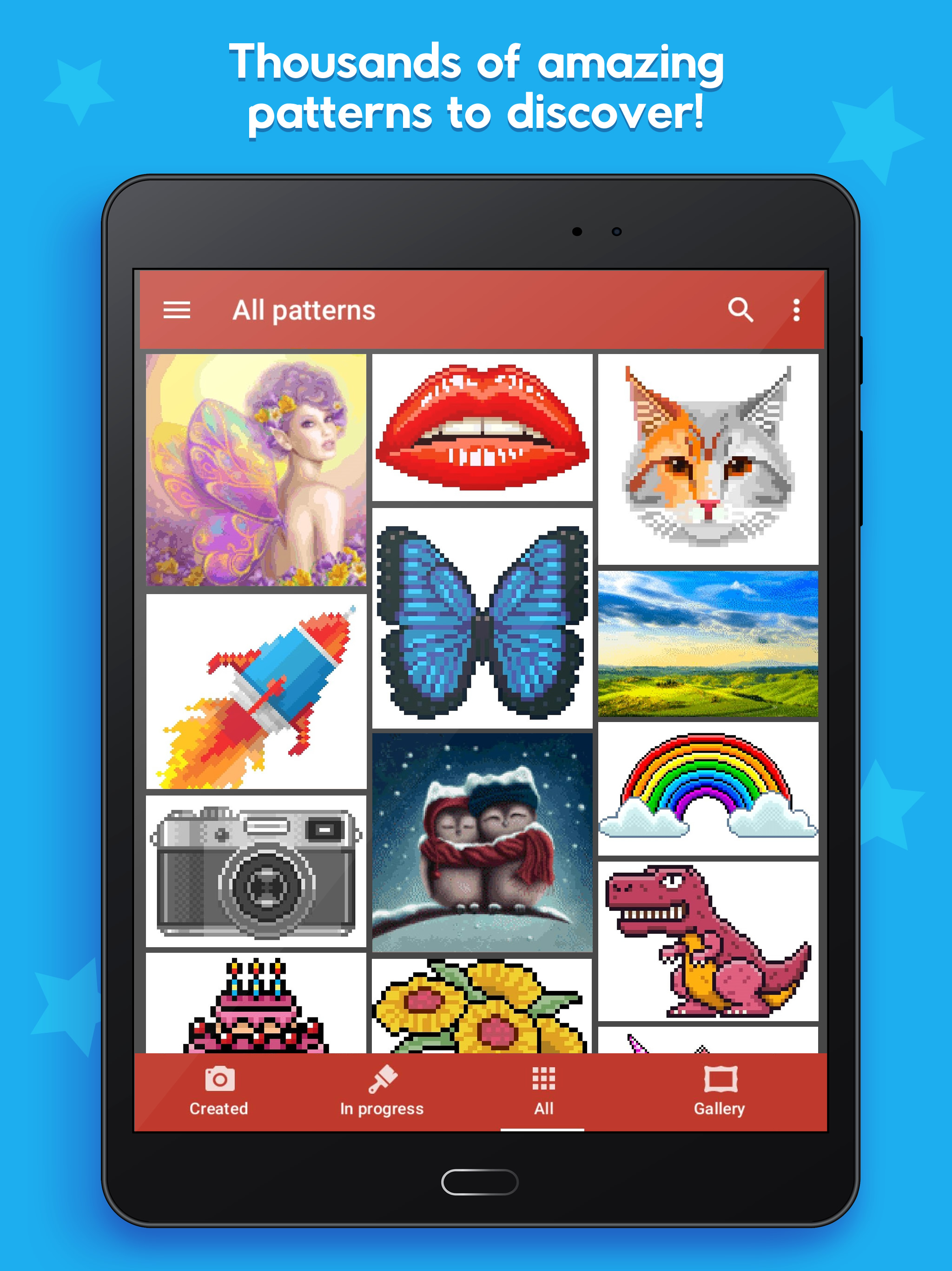 Collection of pixel patterns on a tablet screen, some completed and some partially filled in. Words at the top read 'Thousands of amazing patterns to discover!'