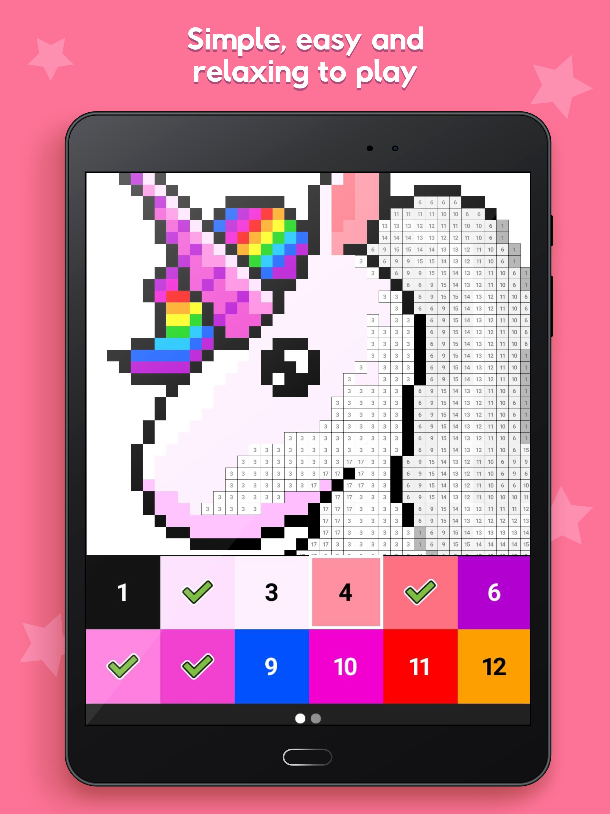 Partially completed pixel pattern of a unicorn with rainbow mane, on a tablet screen. Words at the top read 'Simple, easy and relaxing to play'