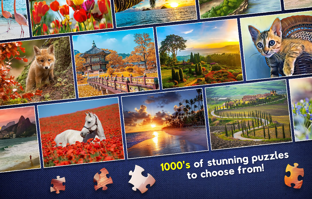 Lots of images in rows, with scattered jigsaw pieces below and the words '1000's of stunning puzzles to choose from'