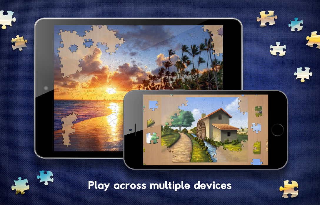 Jigsaws in progress on a tablet and a phone, with the words 'Play across multiple devices'