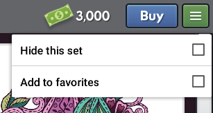 Screenshot of the game showing 3000 Cash, a Buy button and a three lines button, with two options - Hide this set and Add to favorites