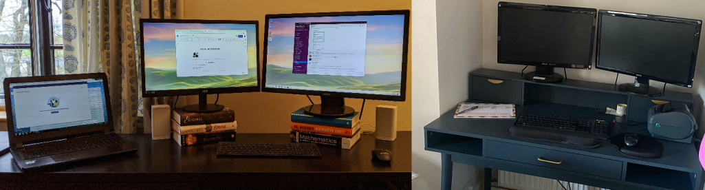Two pictures of computer desks. One has two monitors balanced on stacks of books, plus a laptop. The other is a multi level deep navy desk with gold fittings and two monitors.