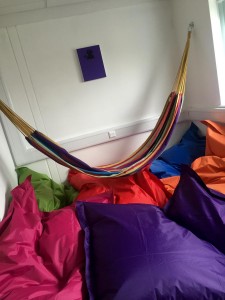 Our hammock and giant colorful beanbags