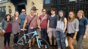Everyone posing for a photo outside of Oliver Cromwell's house